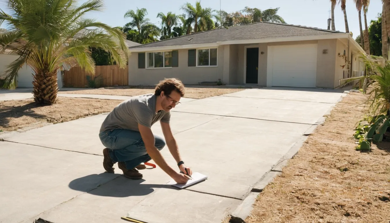 Homeowner measuring a concrete driveway in Orlando before requesting estimates